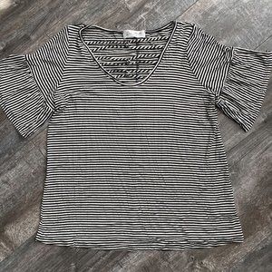 Rae Mode Sz S Black/White Stripes Criss Cross Detail Neckline Ruffle Sleeves Top